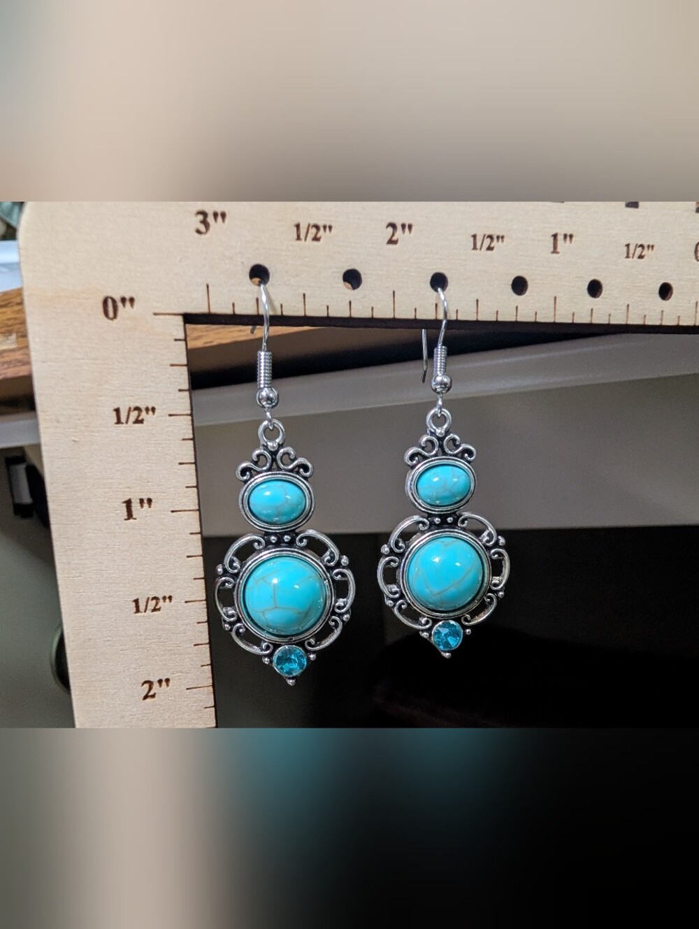 Turquoise Stone Drop Earrings with Silver-Tone Filigree